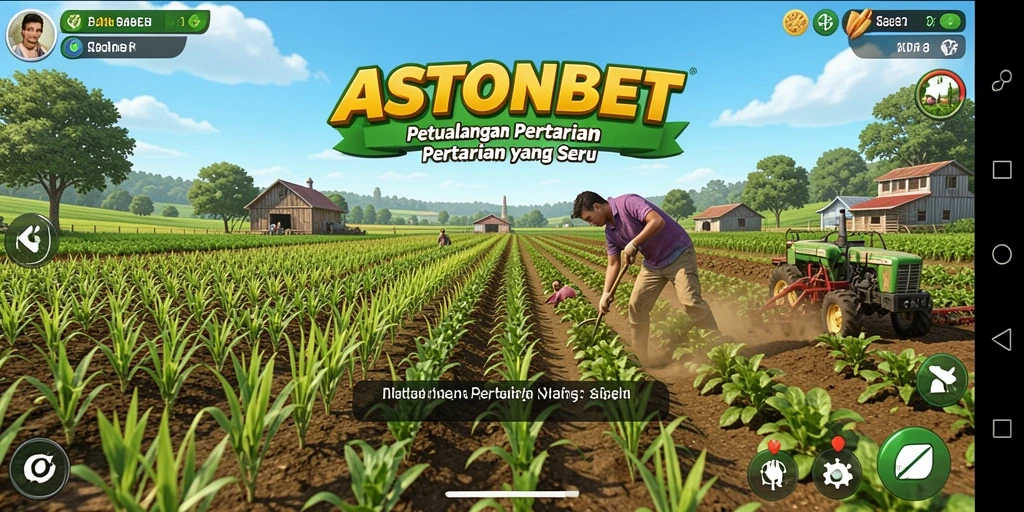 Screenshot menunjukkan gameplay menyenangkan di ASTONBET dengan aktivitas bertani.