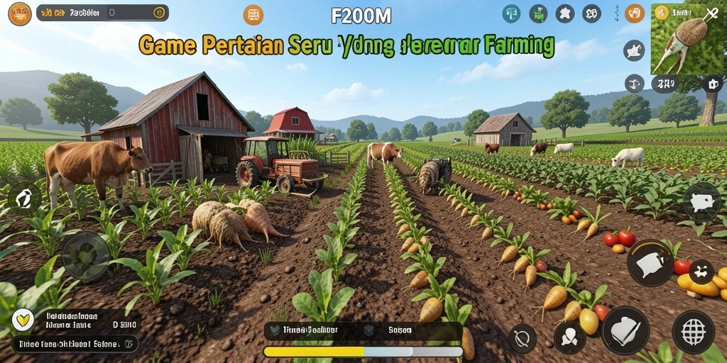 Screenshot F200M menampilkan aktivitas bertani yang seru dan grafik yang menawan.