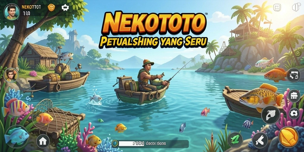 Screenshot utama NEKOTOTO menunjukkan aksi memancing yang mendebarkan.