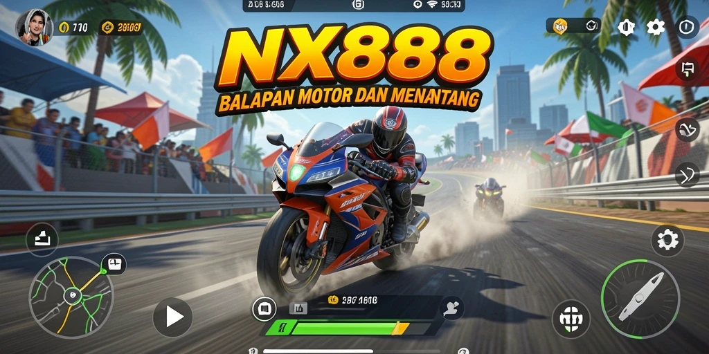 Screenshot gameplay NX888 menampilkan balapan motor yang intens.