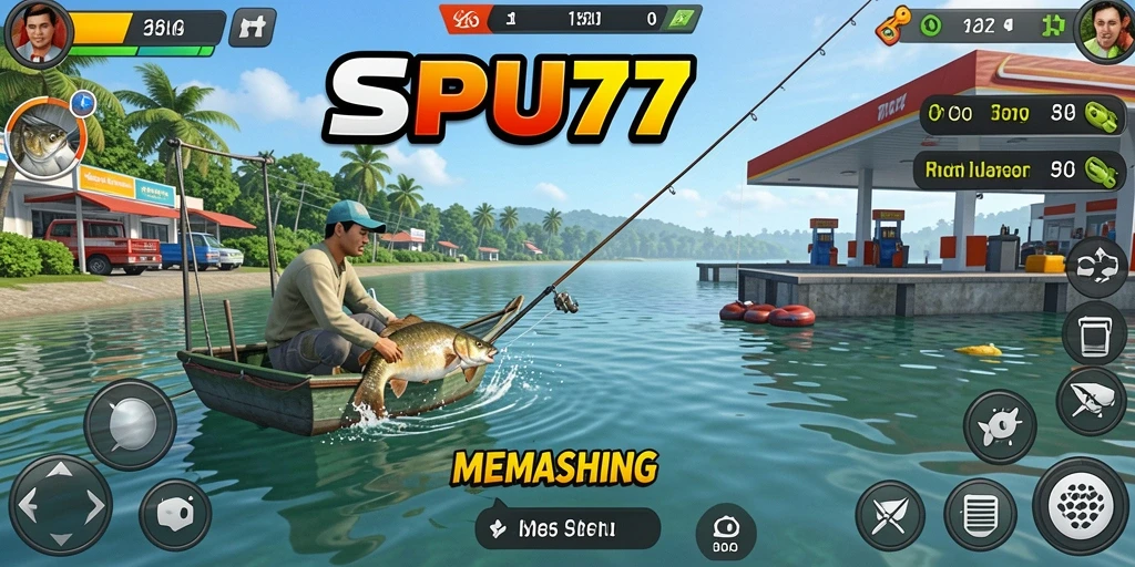 Tampilan gameplay SPBU77 yang menampilkan aksi memancing yang seru.